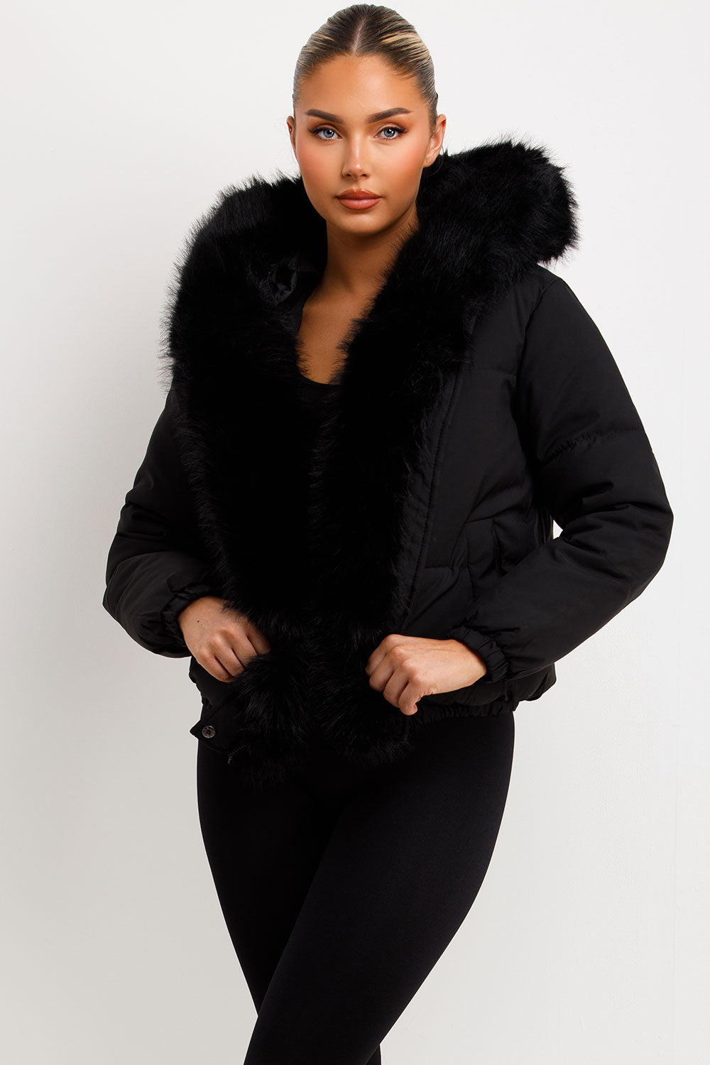 womens fur hood and trim padded bomber jacket black