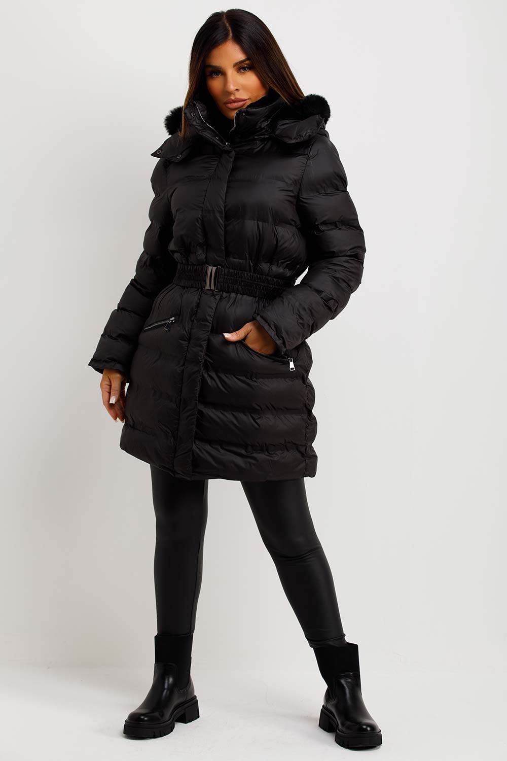 padded puffer coat with fur hood and belt