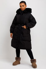 womens longline puffer padded quilted coat with fur hood