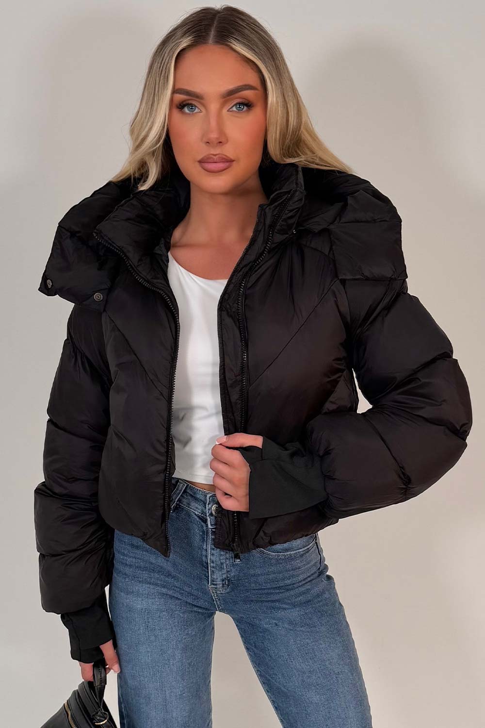 womens black puffer padded crop jacket with hood styledup