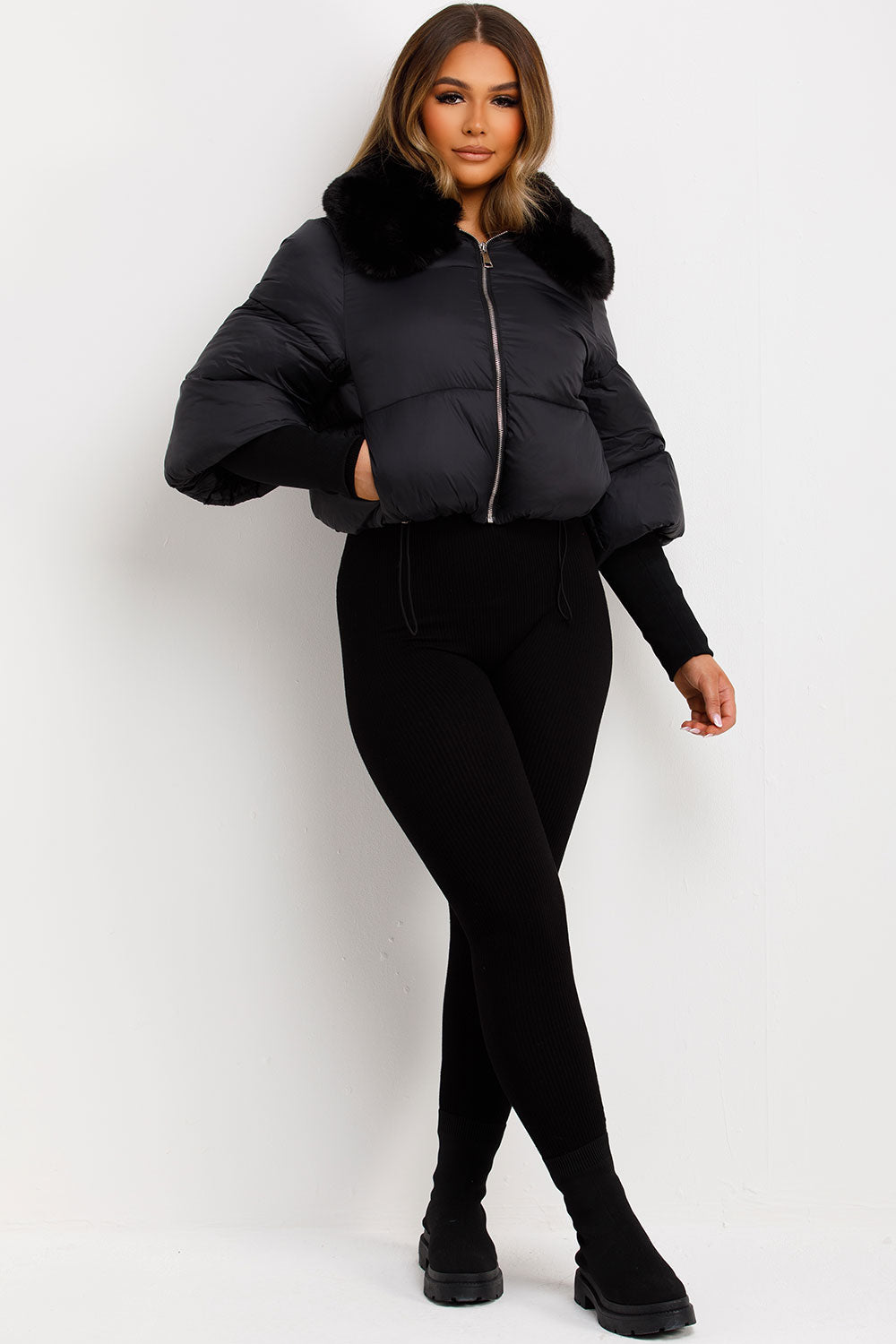 styledup puffer jacket with fur collar