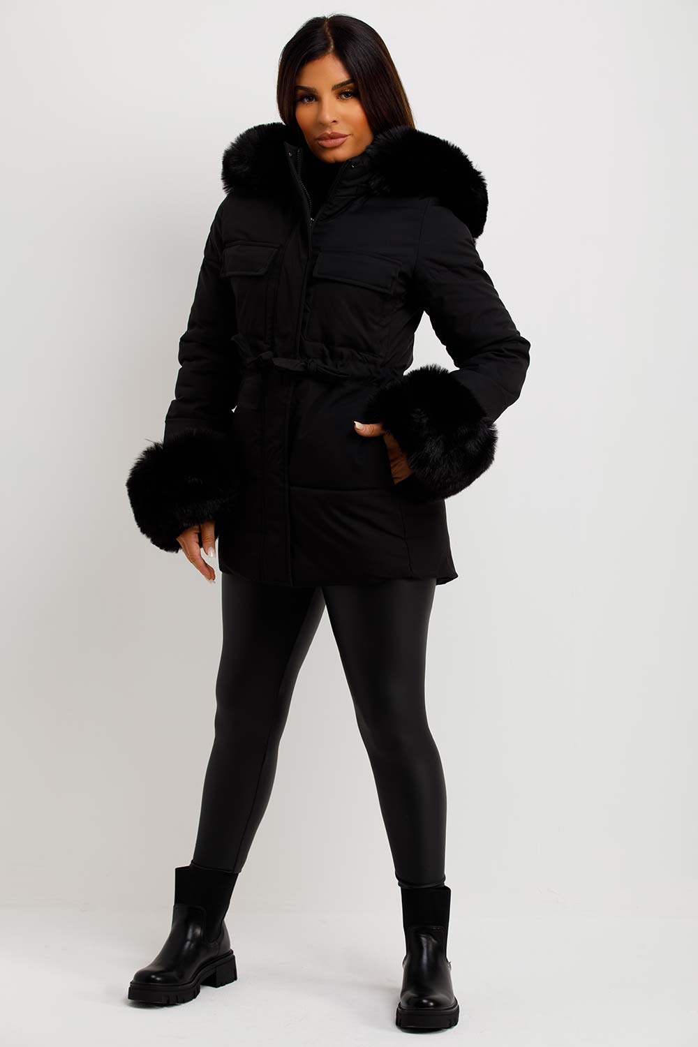 womens puffer padded coat with fur hood and cuff