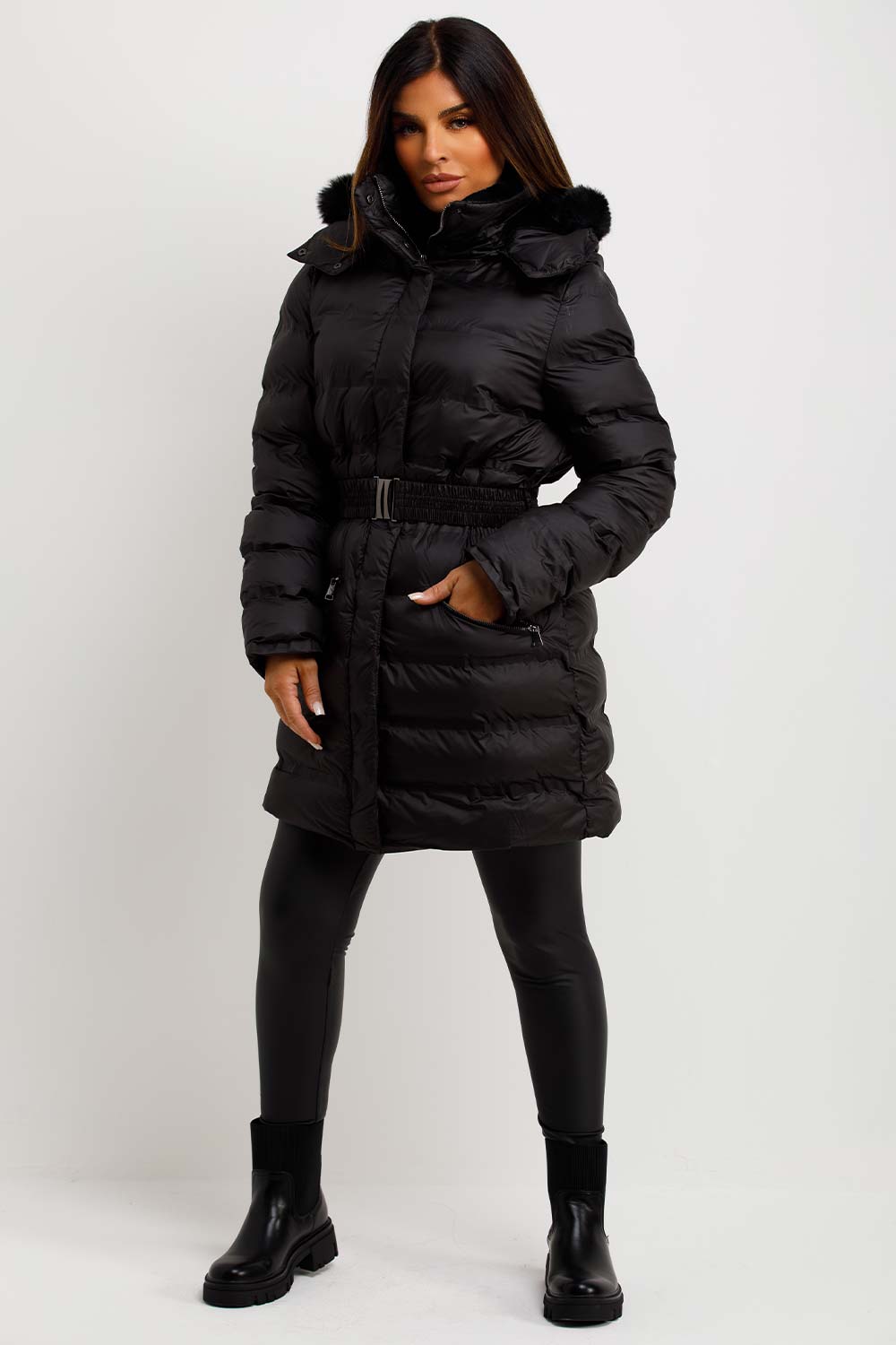 womens puffer padded coat with belt and fur hood