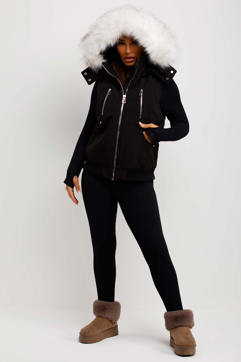 womens white faux fur hood crop gilet moose knuckles canada