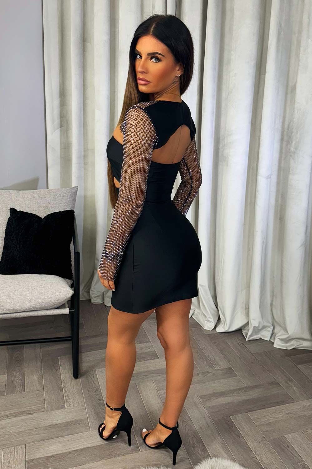 womens black satin short sparkly dress with rhinestone sleeves