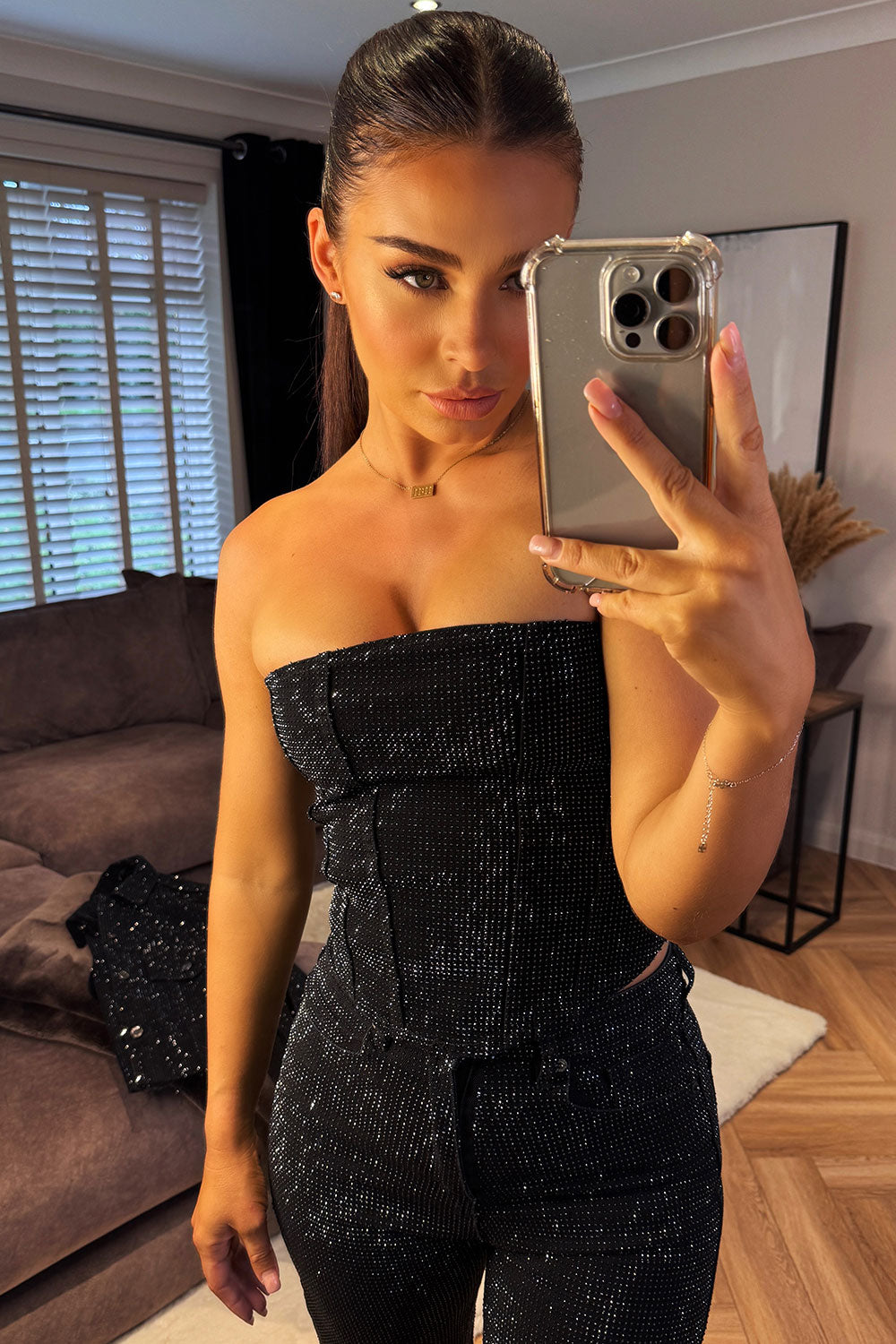 black denim corset top with diamante rhinestone detail