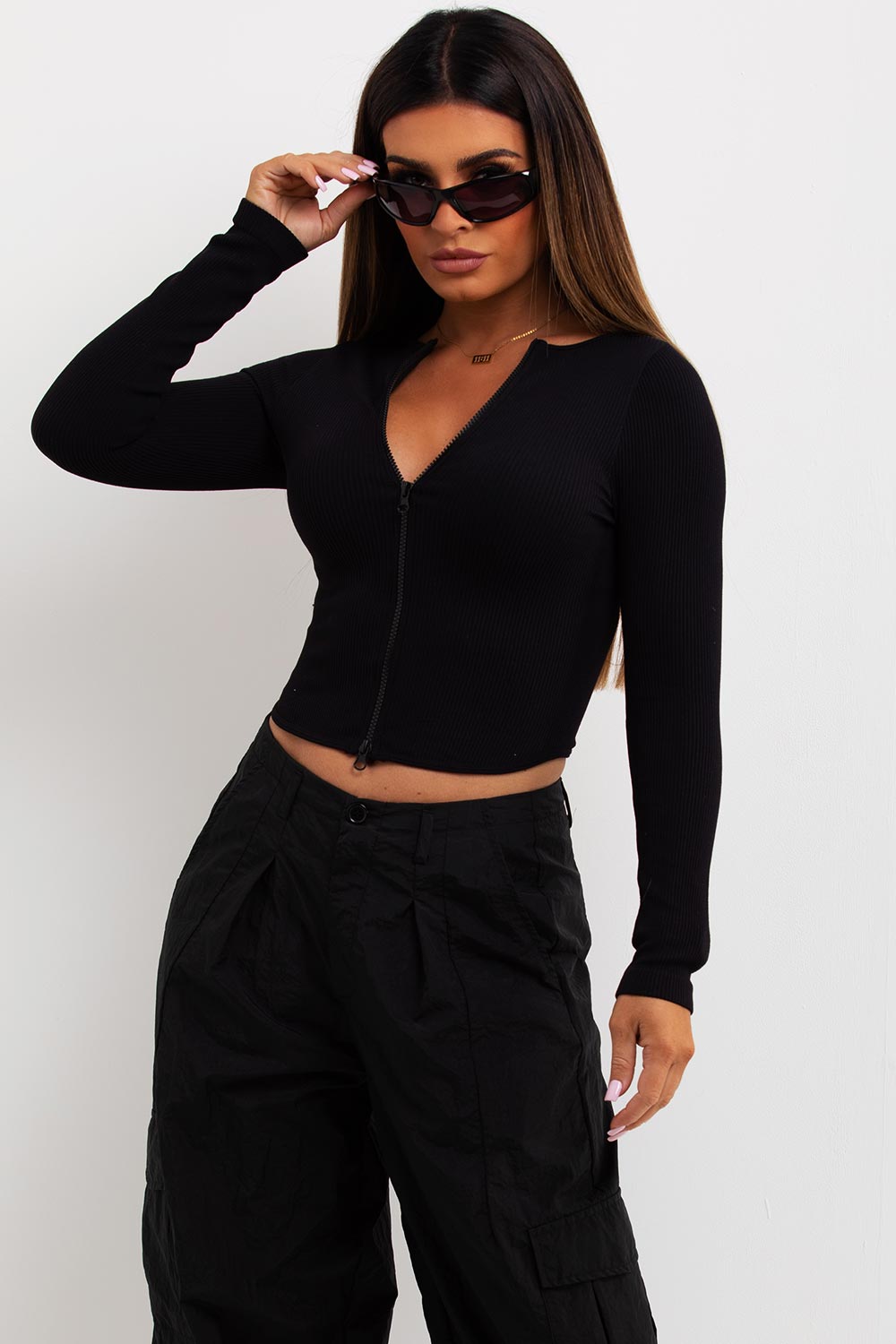 double zip ribbed contour long sleeve top pretty little things tops sale