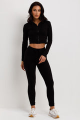womens black crop zip front hoodie and high waist leggings tracksuit loungewear set