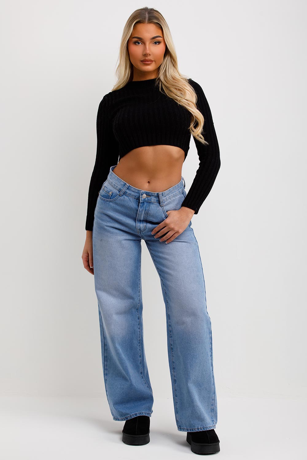 womens crop knitted jumper with long sleeves