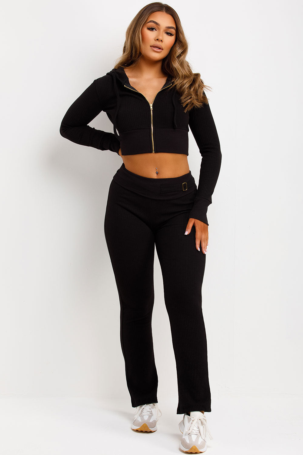 womens fold over waist buckle detail skinny flare trouser and crop zip up hoodie co ord set