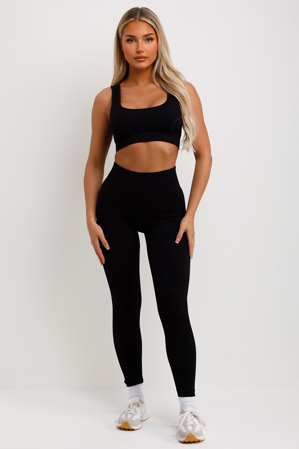 womens black crop top and leggings two piece set