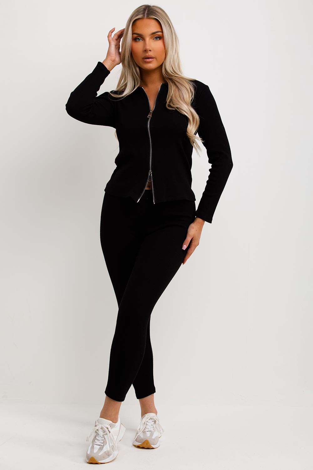 ribbed black loungewear set womens