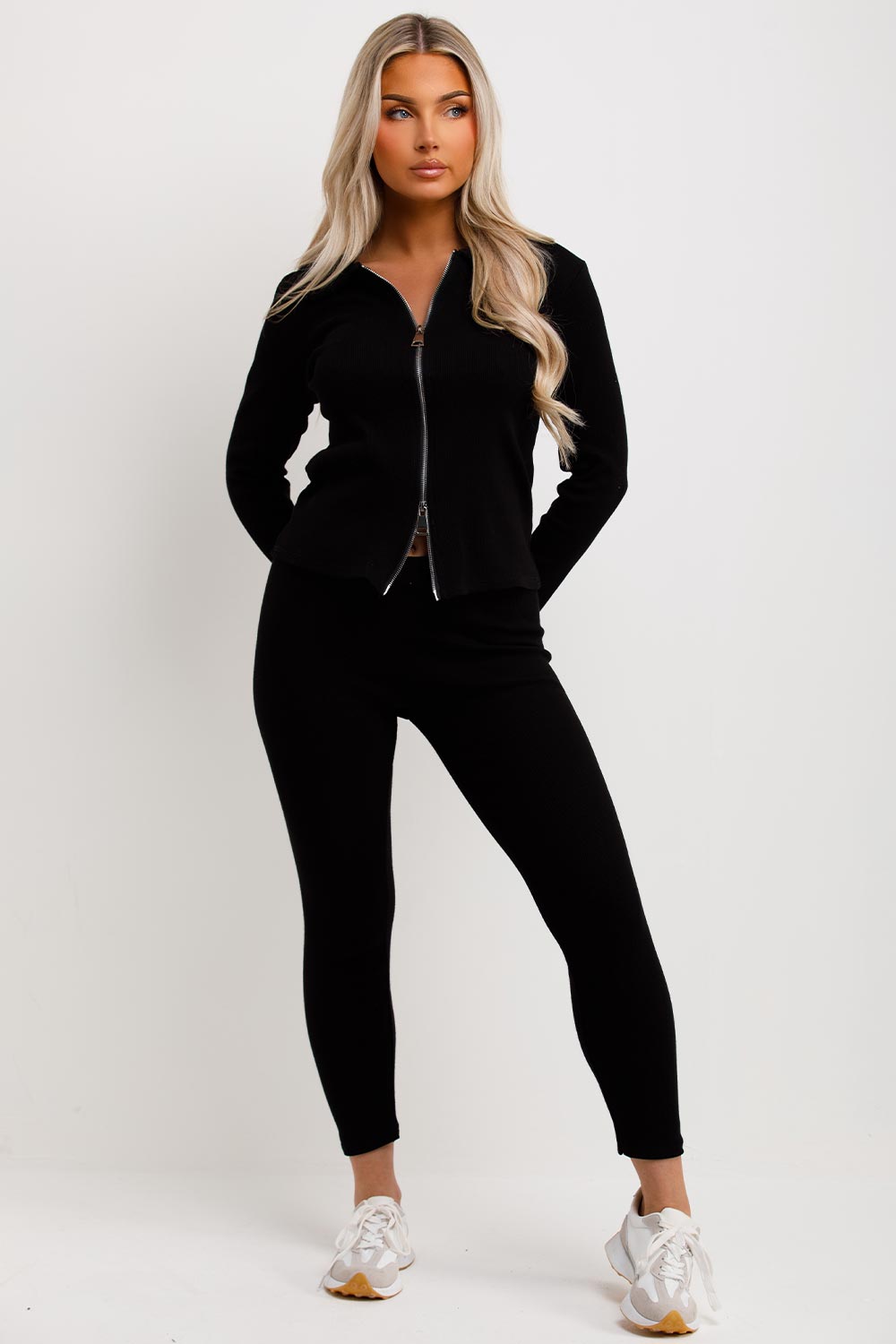 womens zip front ribbed black loungewear set