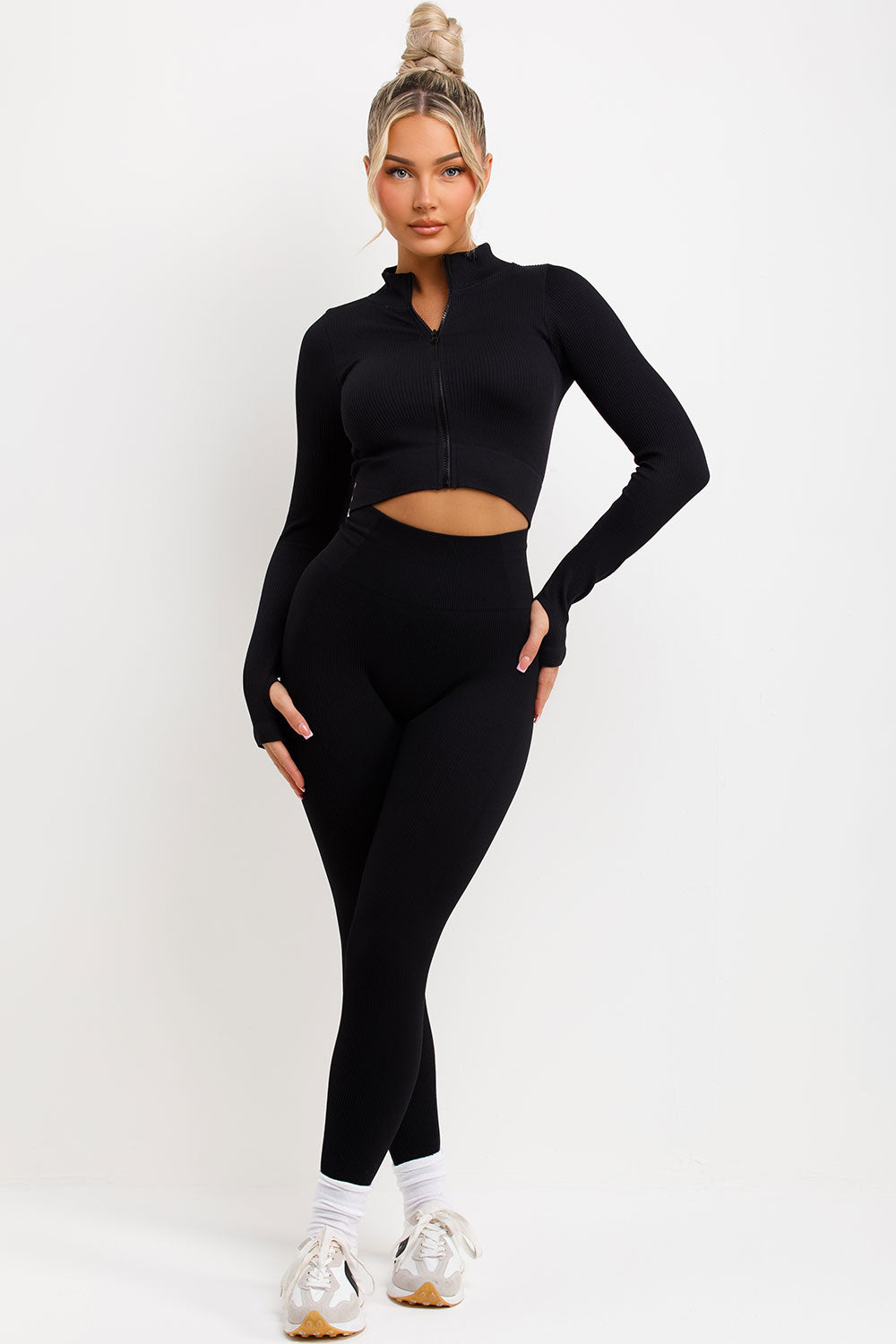 zip up ribbed long sleeve activewear jacket and ruched bum leggings two piece set