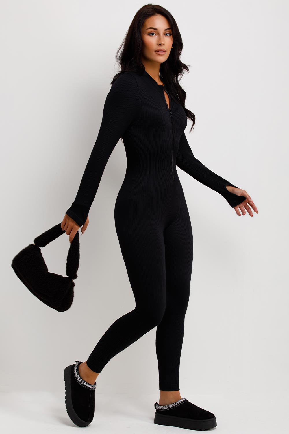 ribbed long sleeve jumpsuit unitard structured contoured