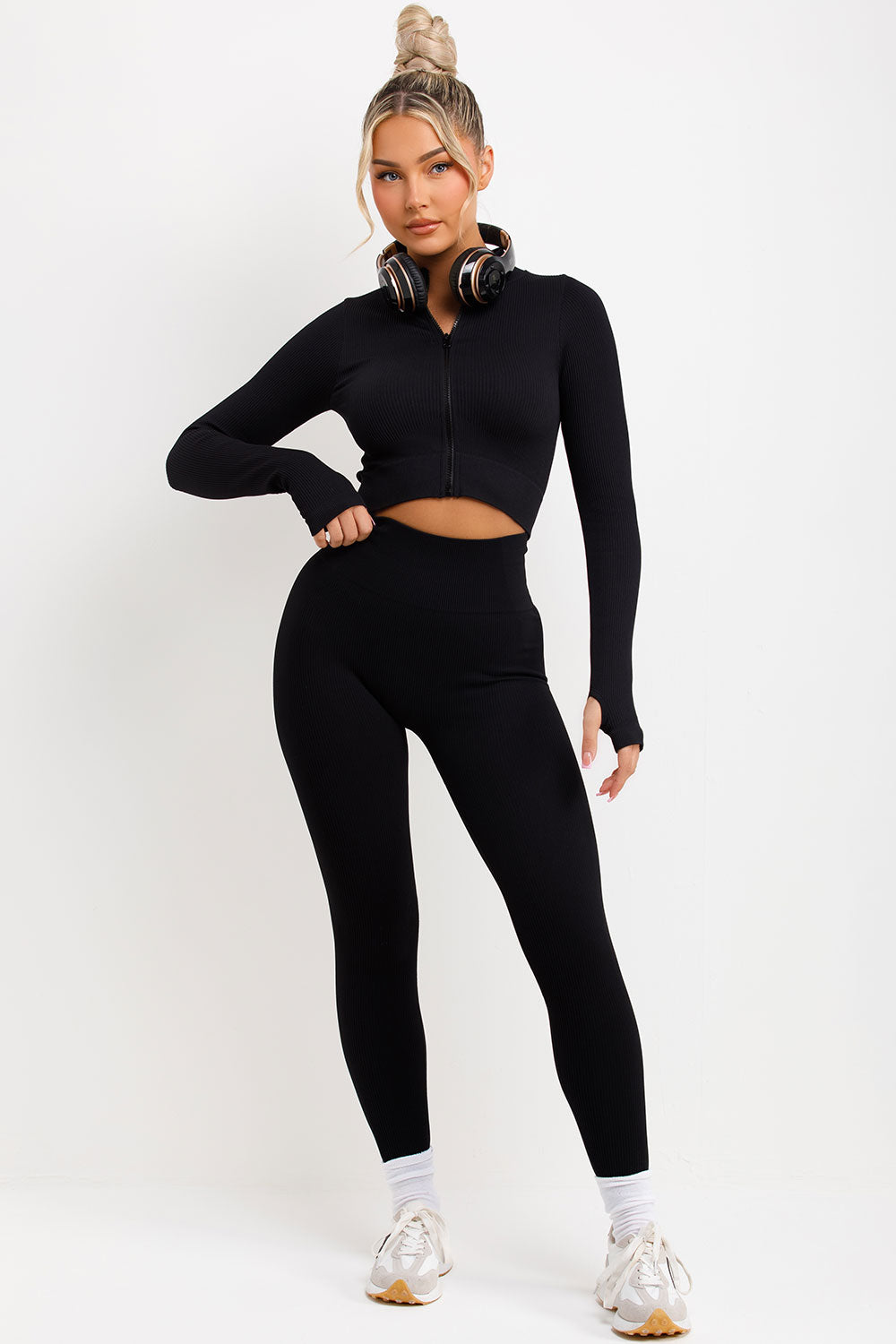 womens zip up long sleeve ribbed top and ruched bum high waisted leggings
