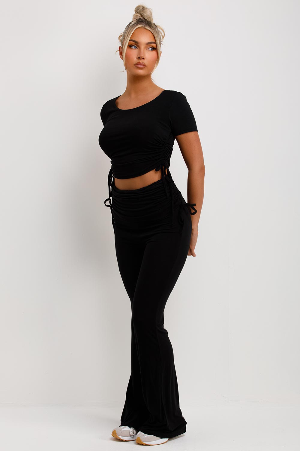 fold detail flare trousers and crop top co ord set