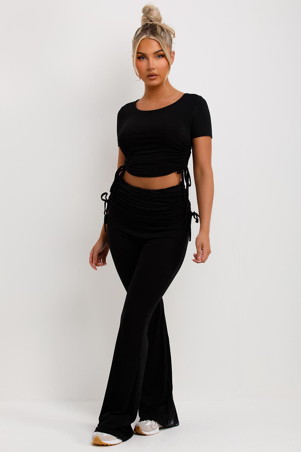 ruched side fold detail flare trousers and crop top co ord set