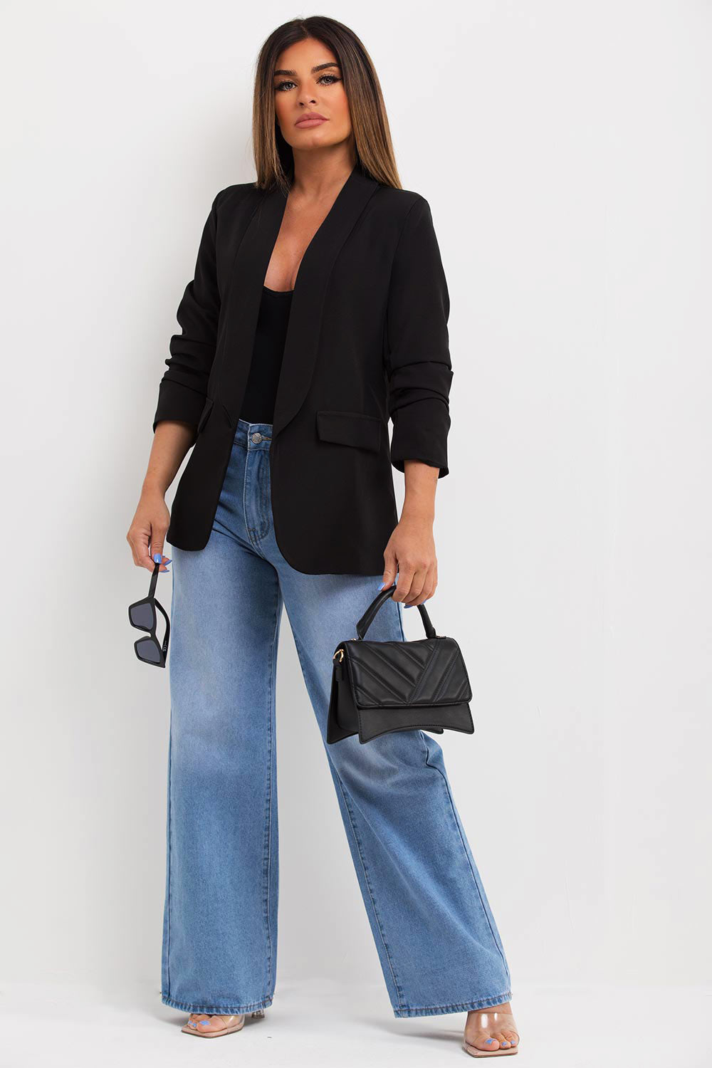 ruched sleeve blazer black uk