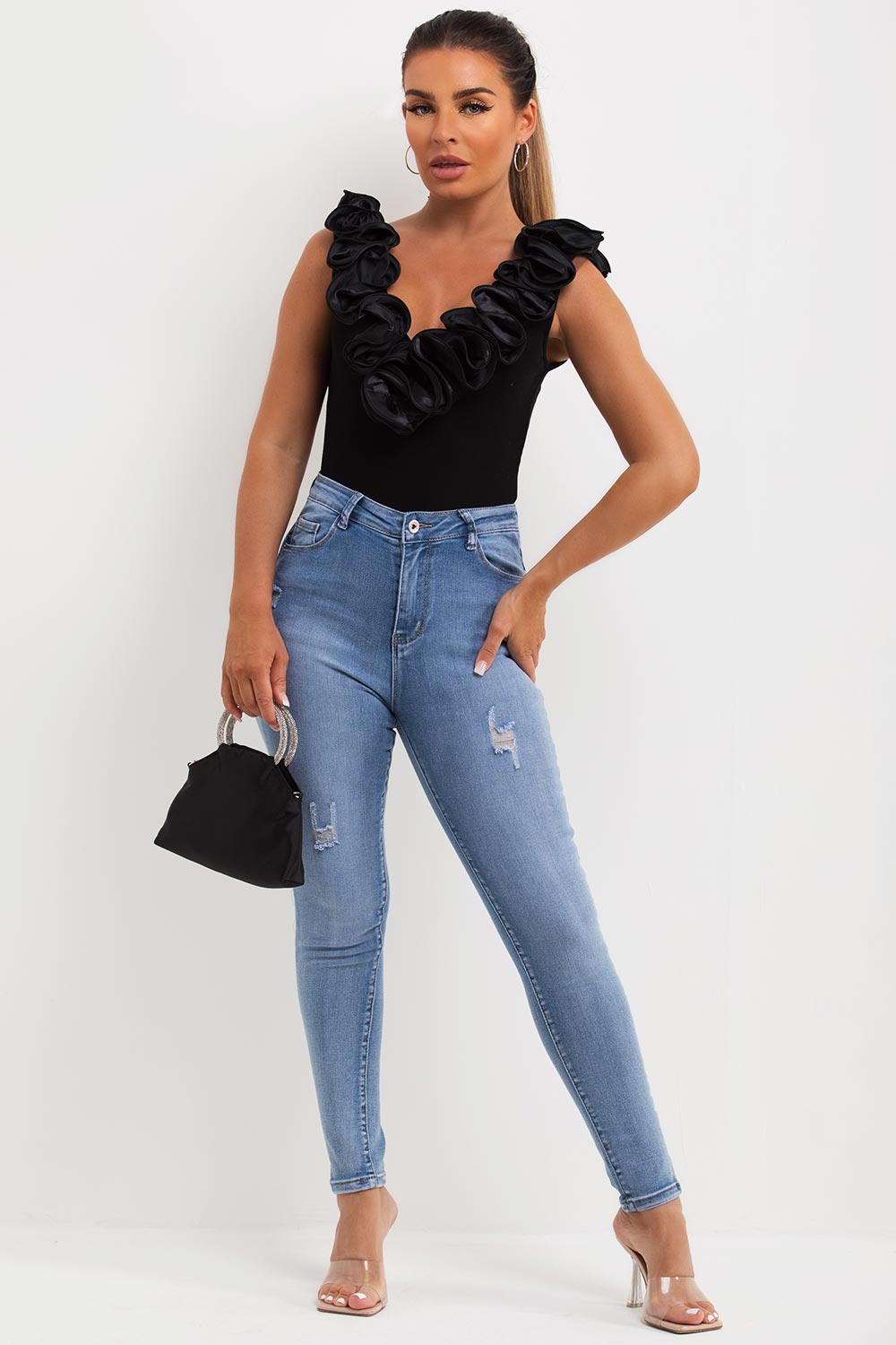 black ruffle detail occasion bodysuit top uk