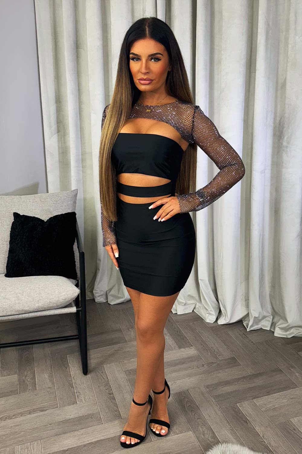 long sleeve rhinestone short sparkly dress