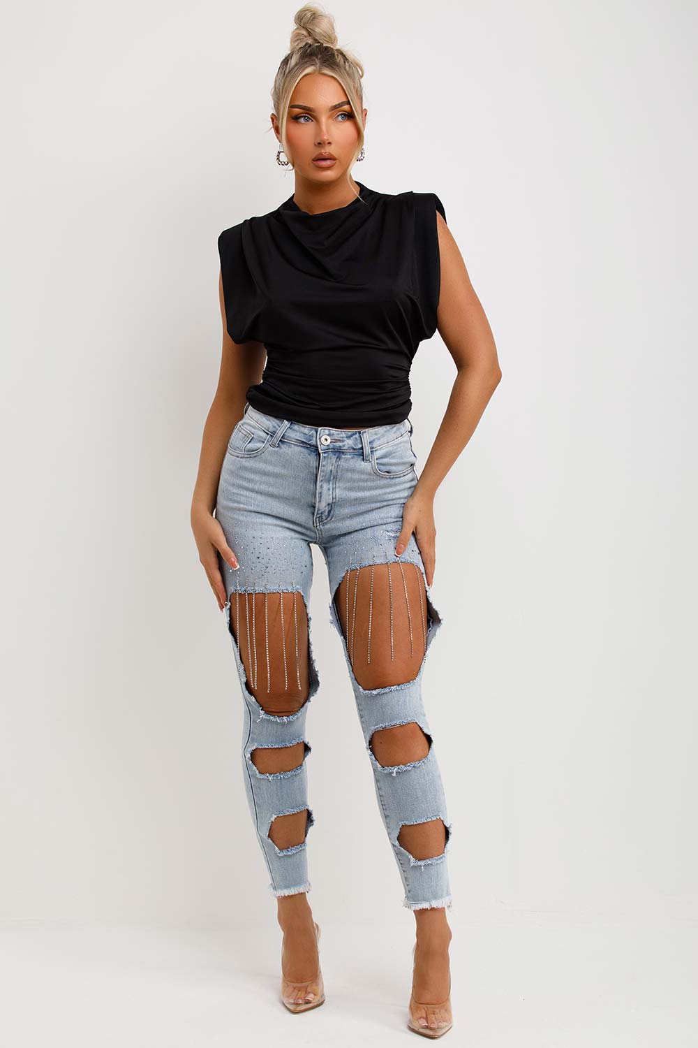 black satin going out summer occasion top with padded shoulders