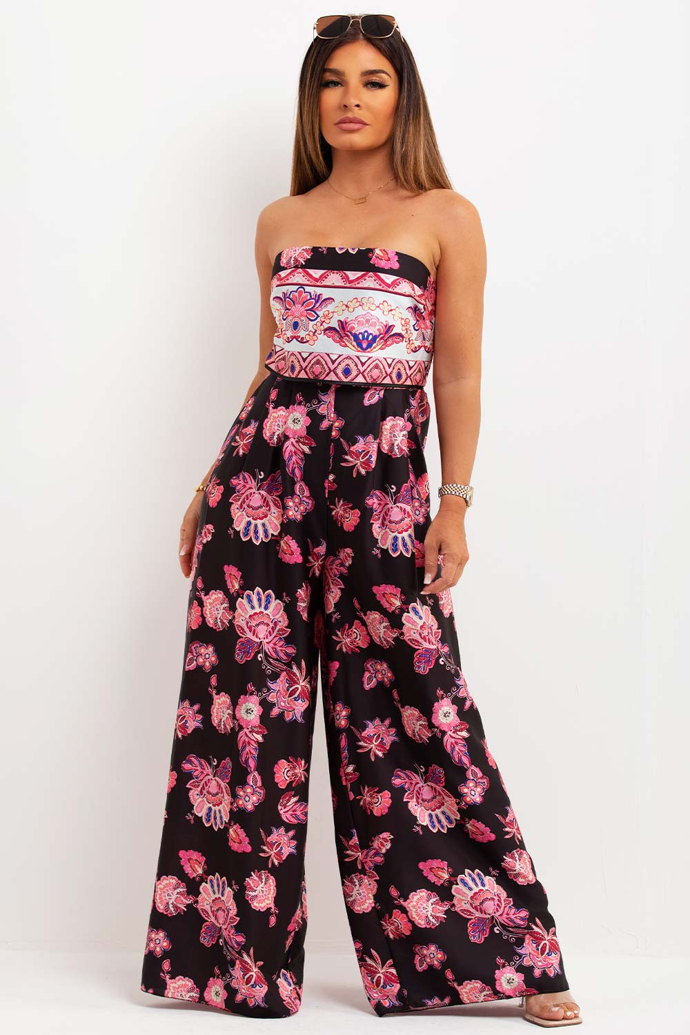 wide leg satin strapless jumpsuit