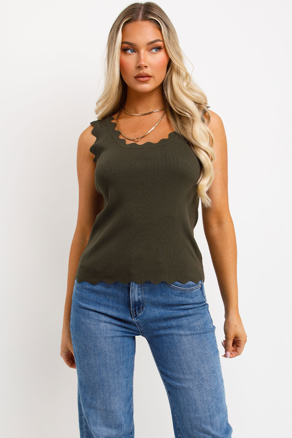 womens knitted top with scalloped neck