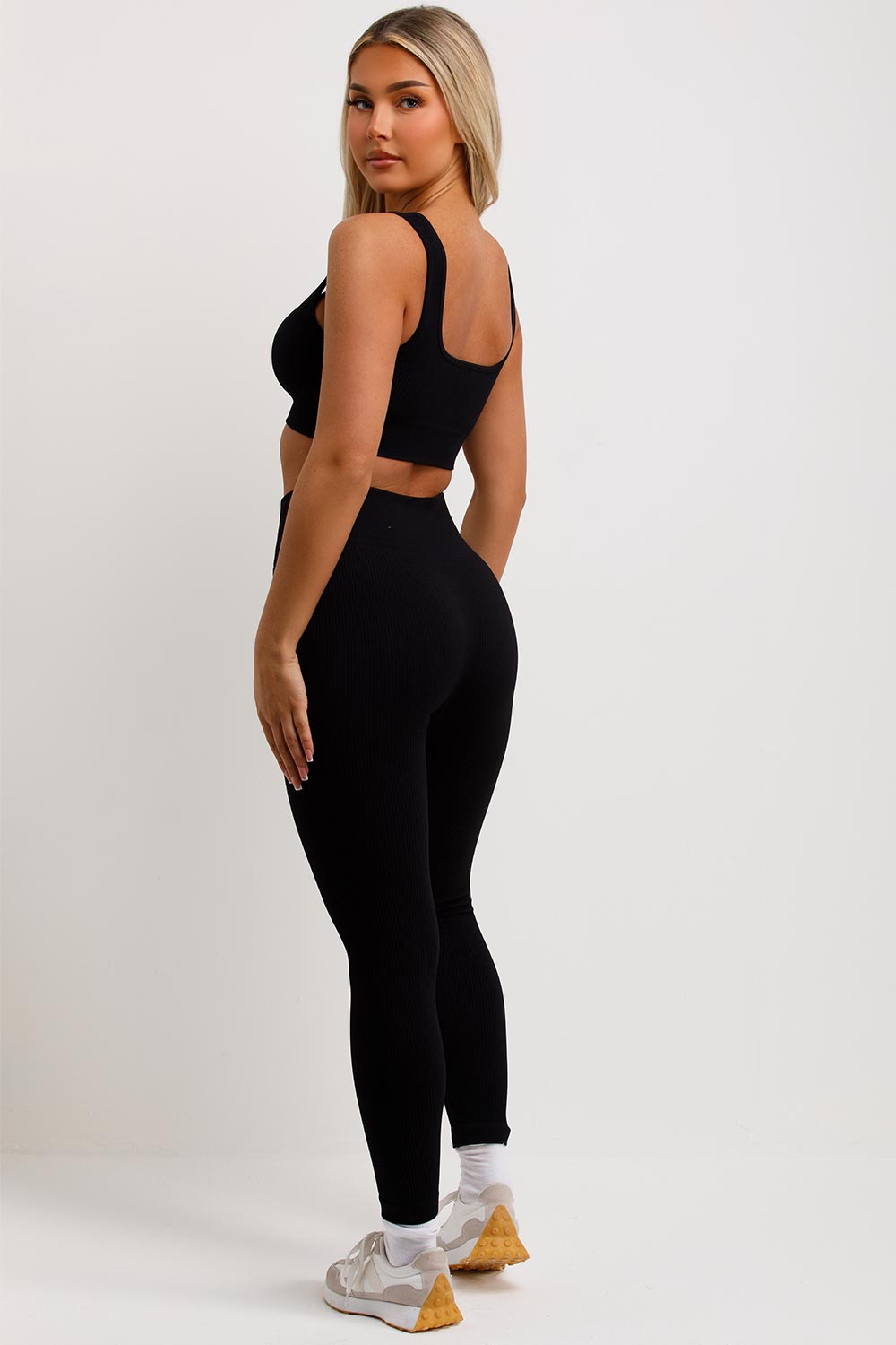 womens black high waist leggings and crop top co ord set