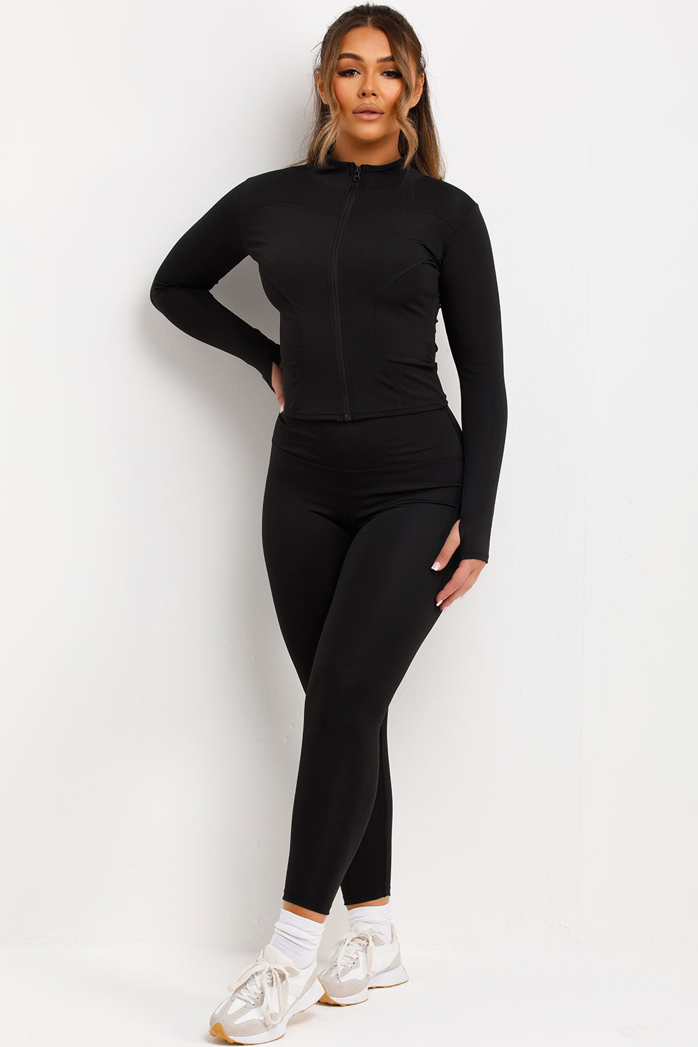 womens zip up sports jacket and leggings two piece set lululemon activewear gym co ord