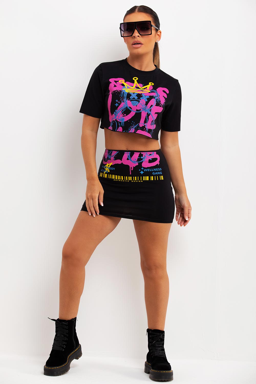 mini bodycon skirt and crop t shirt co ord festival holiday rave outfit