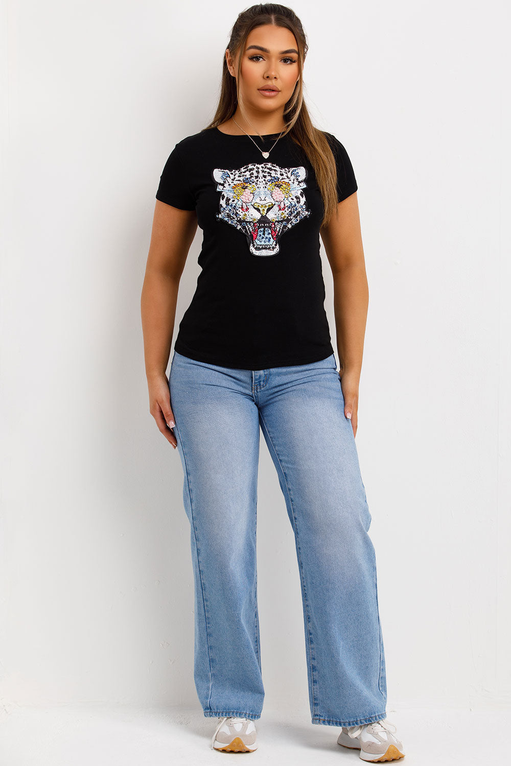 womens white t shirt with diamante detail tiger pearls