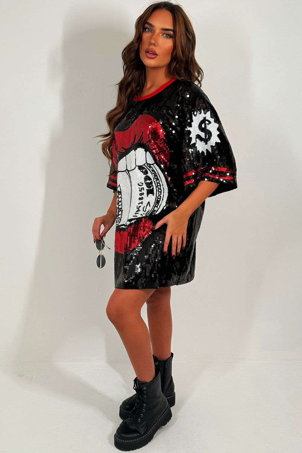 sparkly sequin lips baseball t shirt dress with lips