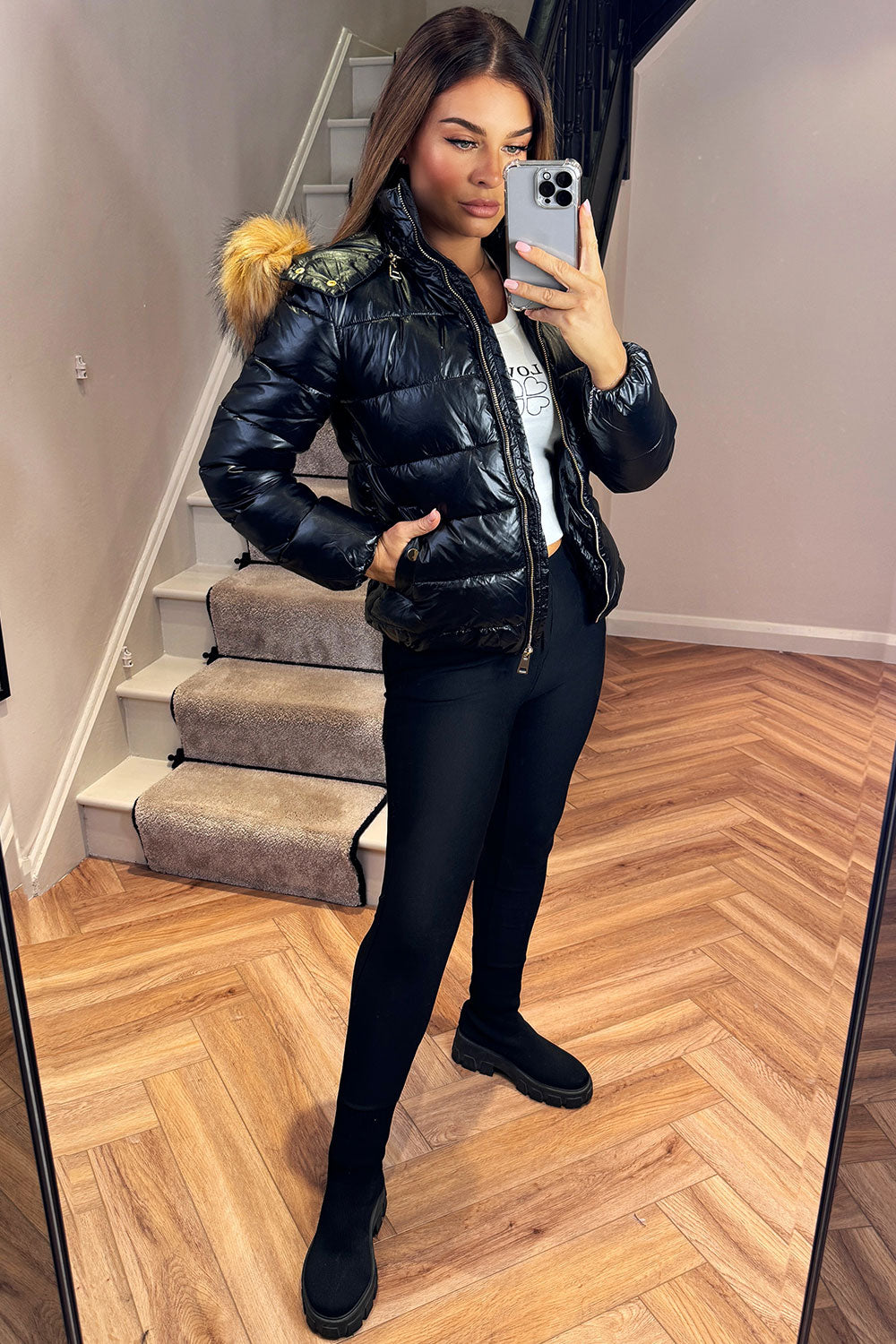 womens faux fur hood padded puffer hooded jacket moncler inspired