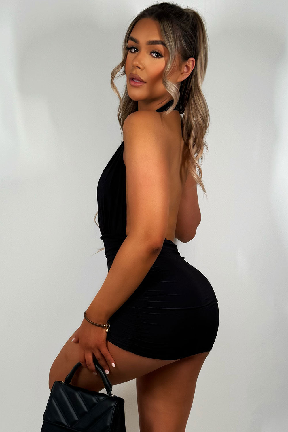 backless plunge neck mini dress black