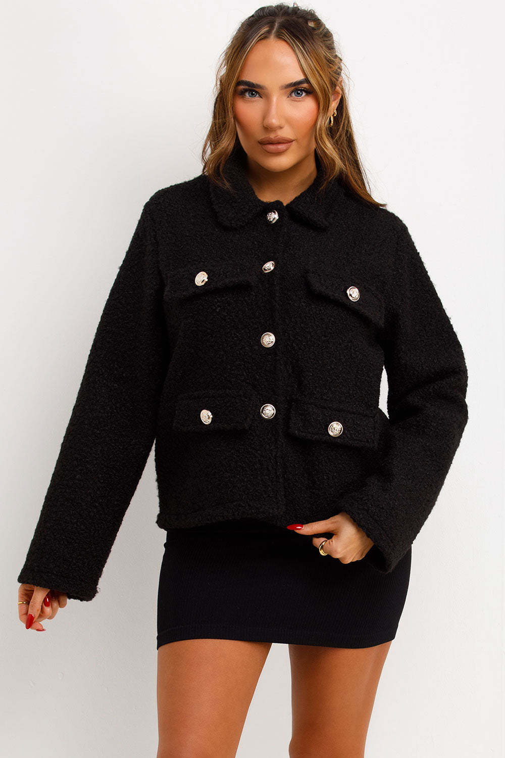 womens boucle jacket with gold buttons