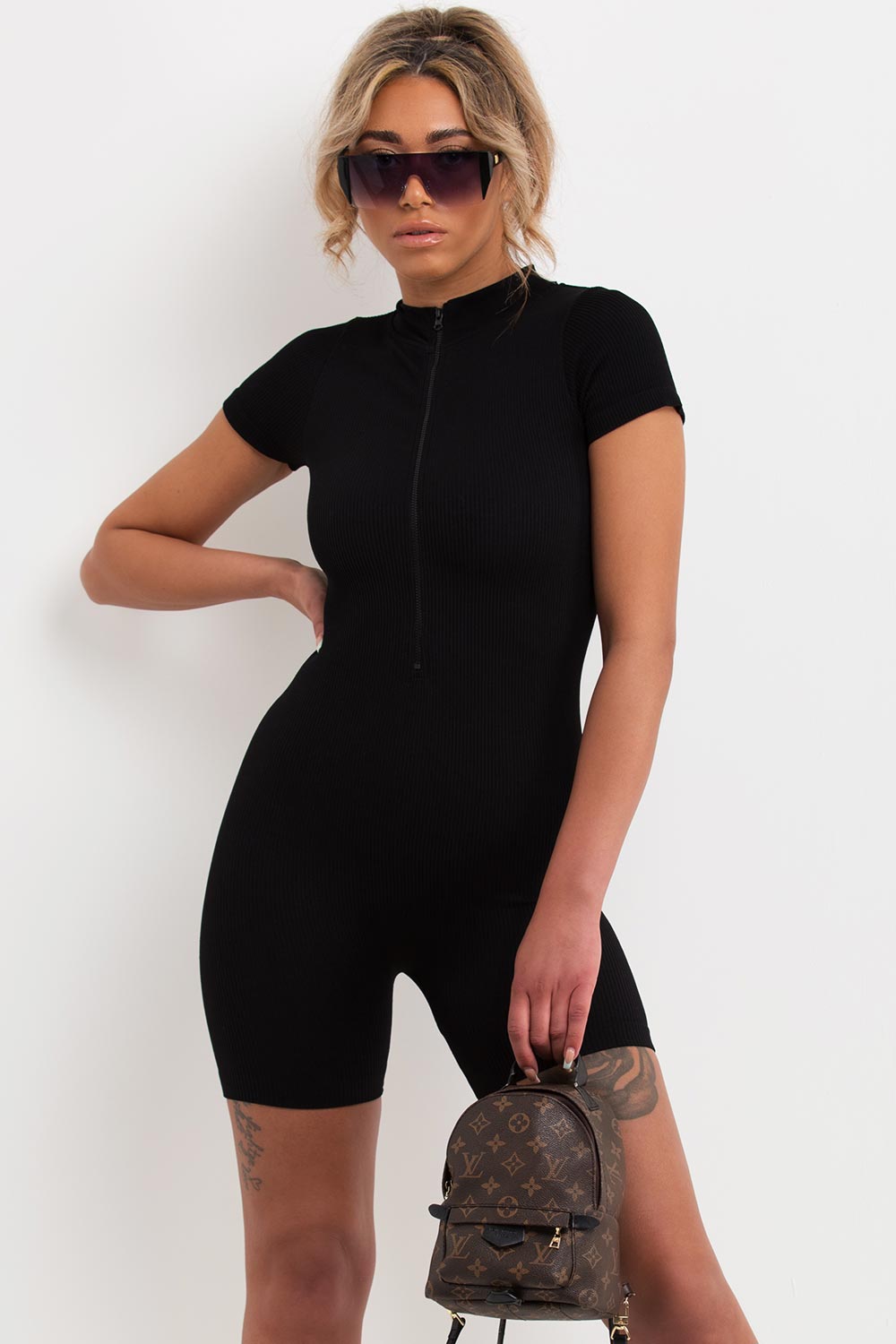 short sleeve zip front unitard uk