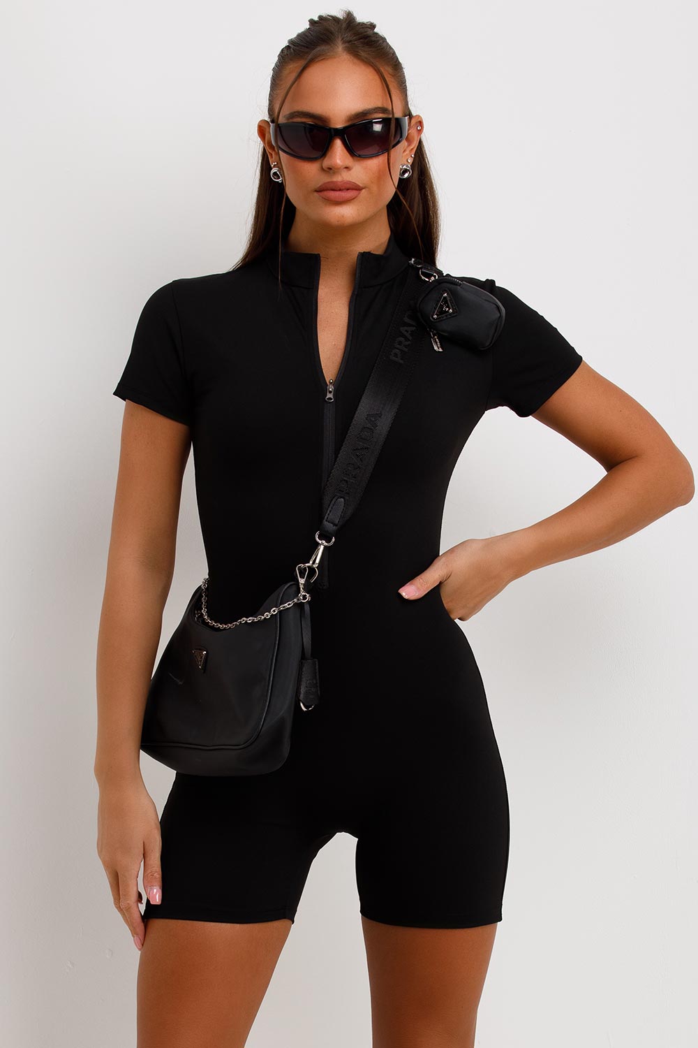 black short sleeve zip front playsuit unitard