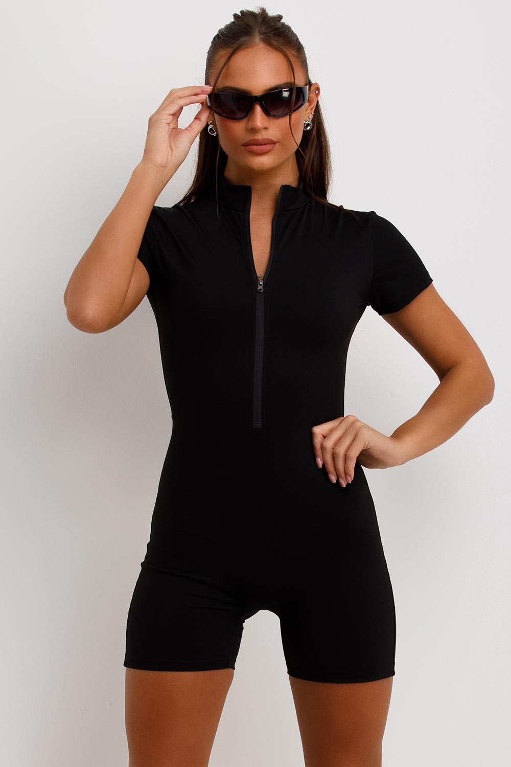 zip front short sleeve stretch playsuit unitard