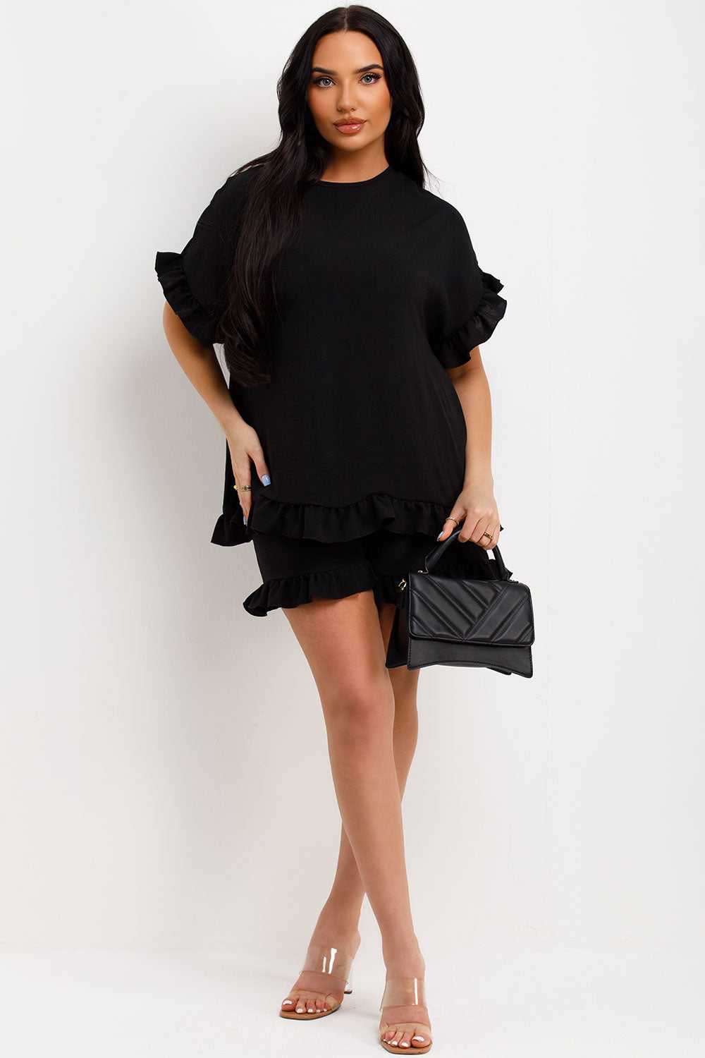 frilly ruffle blouse and shorts co ord set summer holiday clothes womens