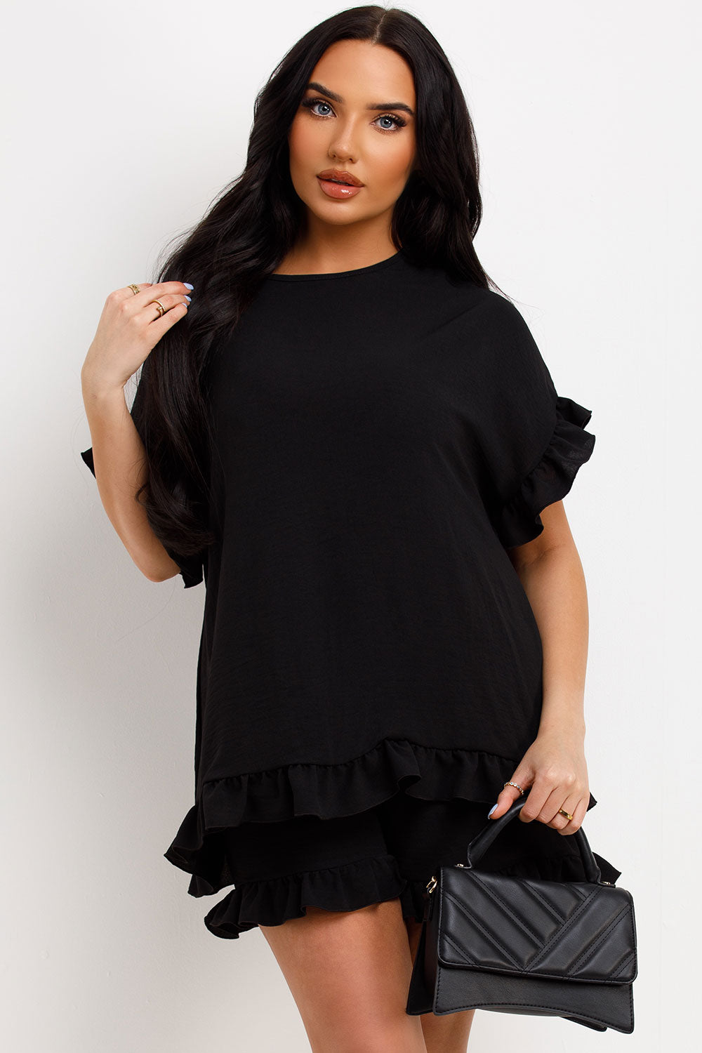 womens short sleeve frill ruffle blouse and shorts two piece set