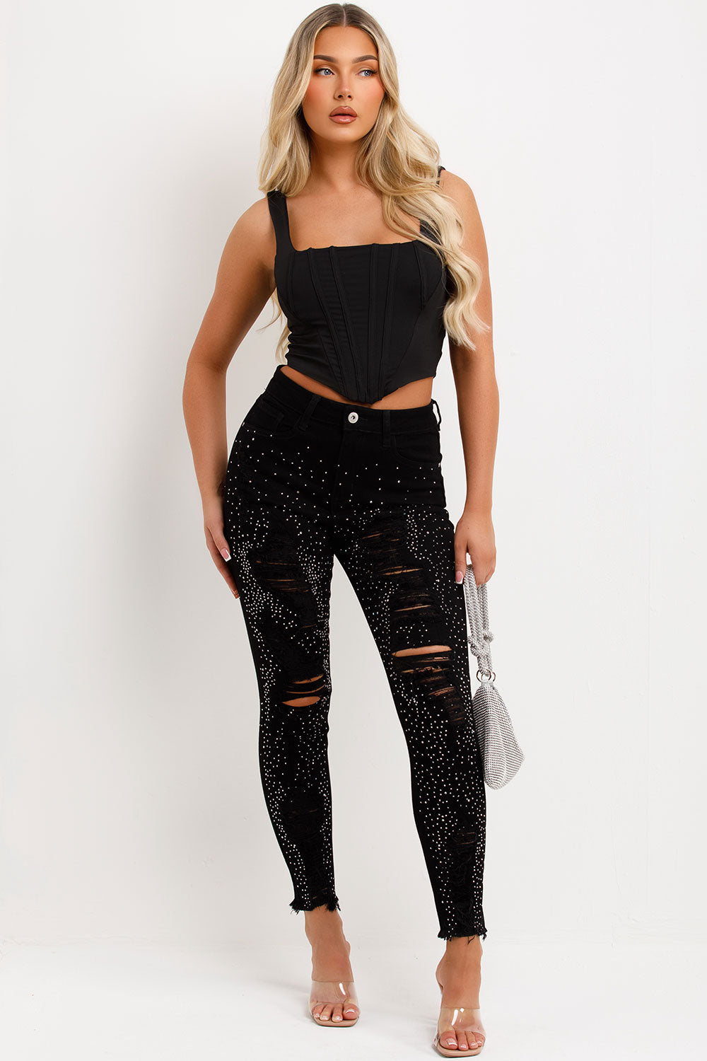 black denim skinny ripped jeans with diamante detail uk