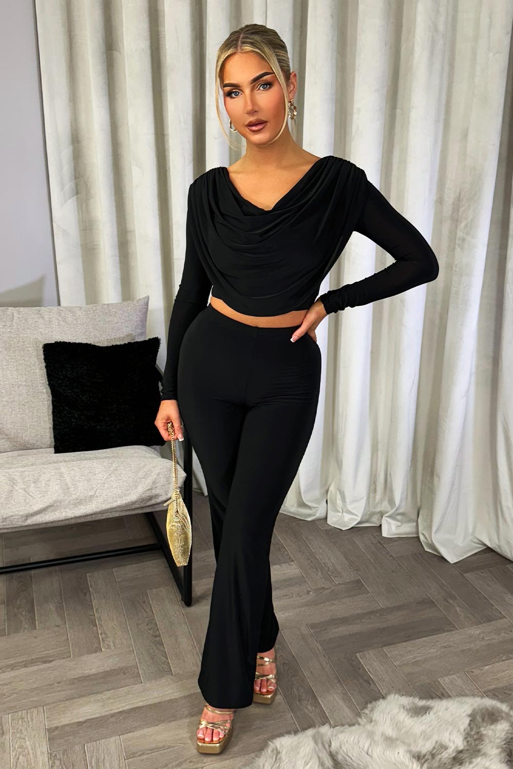 womens long sleeve drape top and trousers two piece set valentine outfit