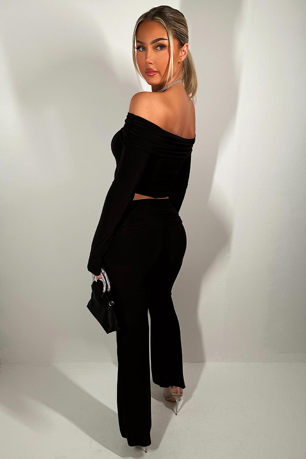 fold detail flare trousers and top co ord set black going out outfit