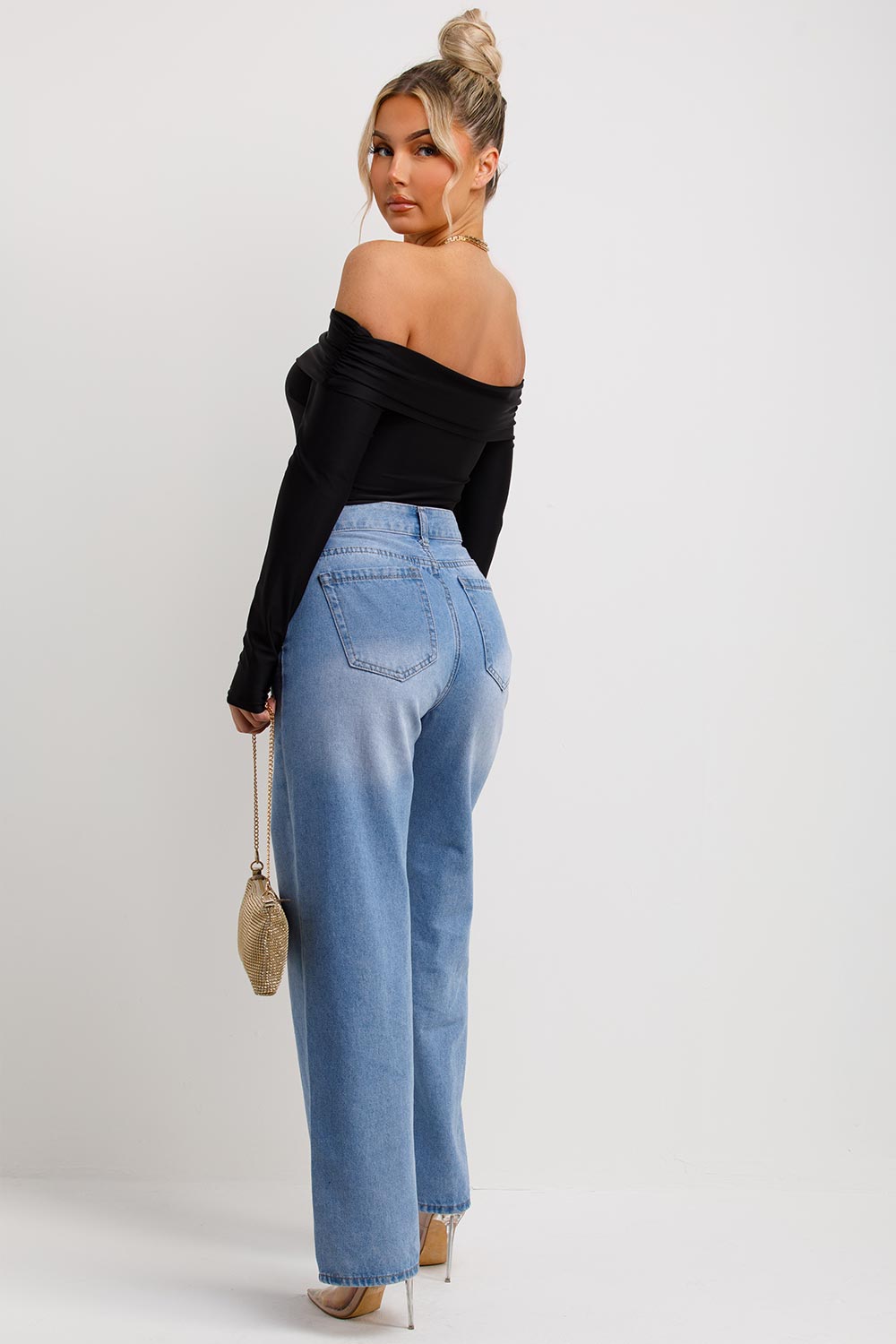 long sleeve off shoulder bodysuit top with foldover detail