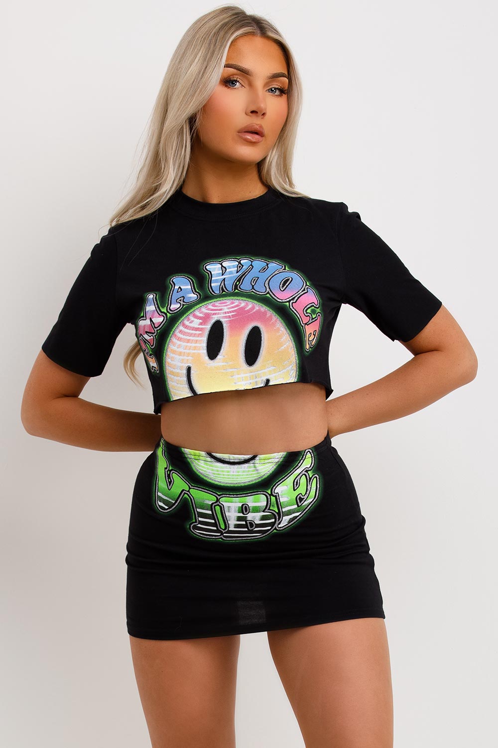 womens black crop top and mini skirt co ord set festival rave party outfit