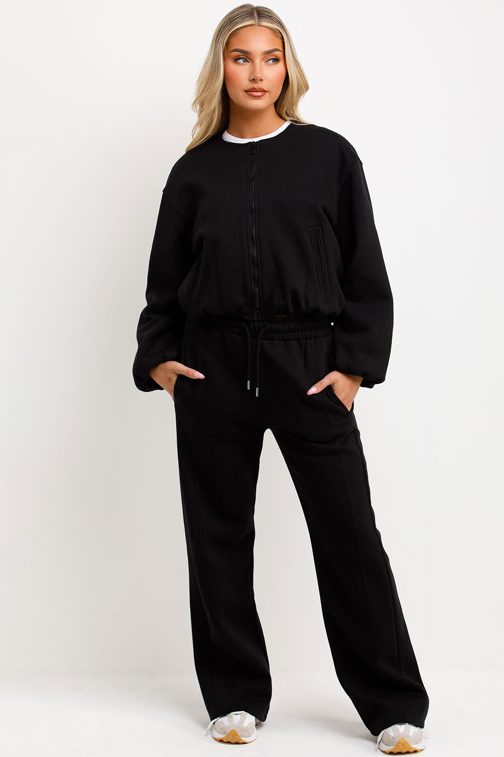 zara womens soft bomber jacket and joggers tracksuit set black