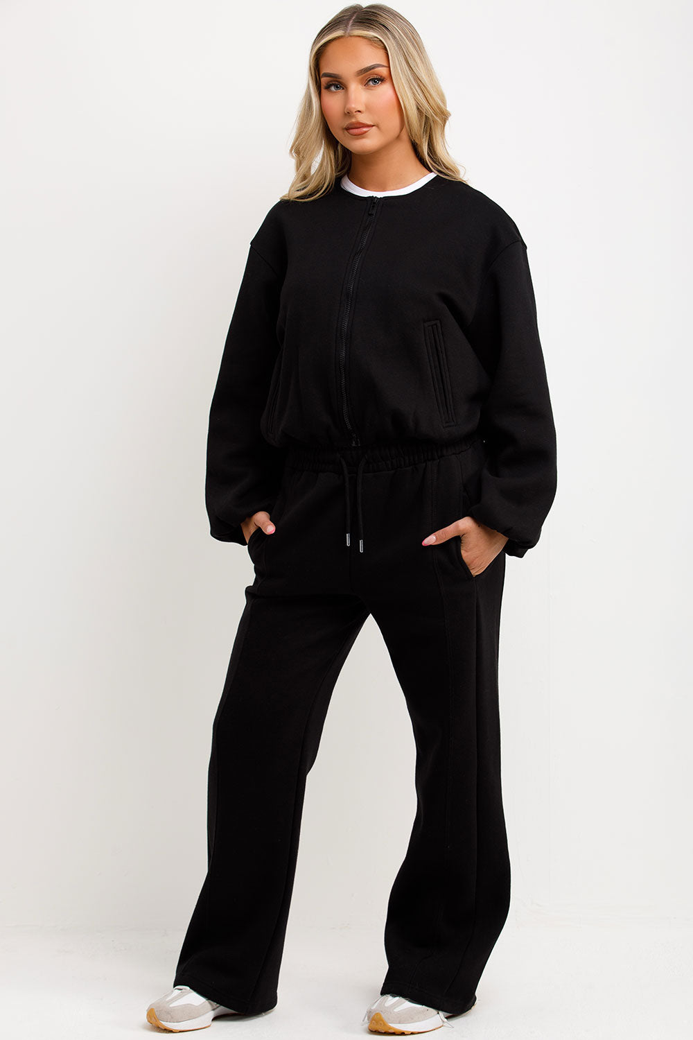 womens seam detail joggers and soft bomber jacket with elastic hem styled up fashion