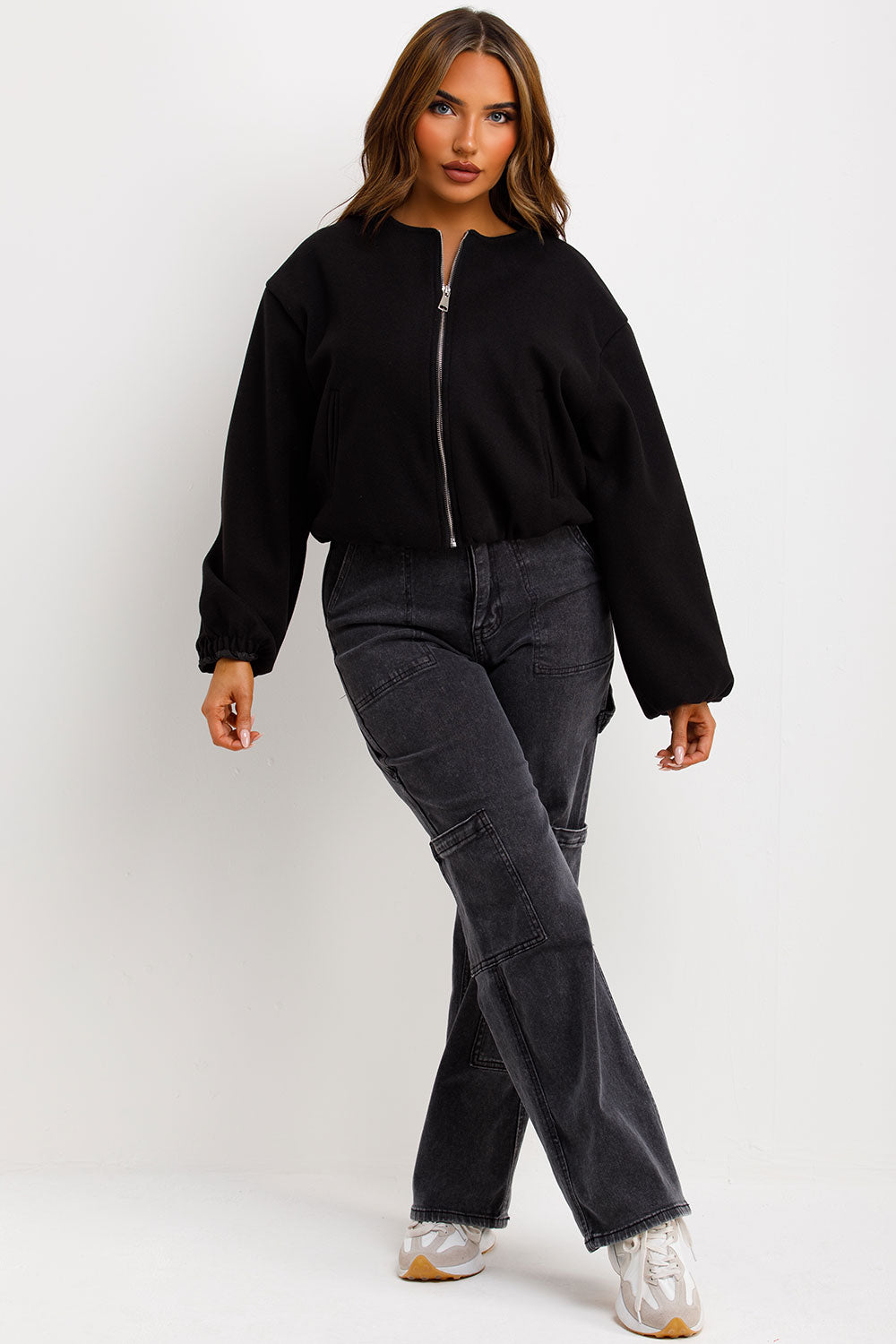 bomber jacket with elasticated hem elasticated cuffs welt pockets on front zara womens