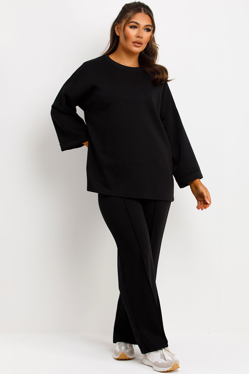 seam detail straight leg trousers and long sleeve oversized top two piece loungewear set womens